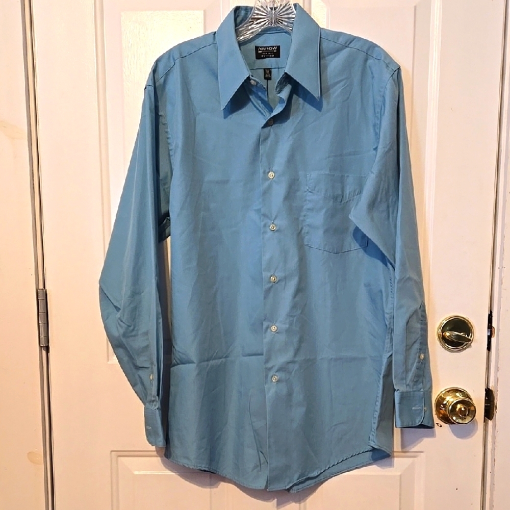 Arrow, Dress Shirt, USA, Fitted, Wrinkle Free, 15.5" 32/33 Med, Blue/Green,